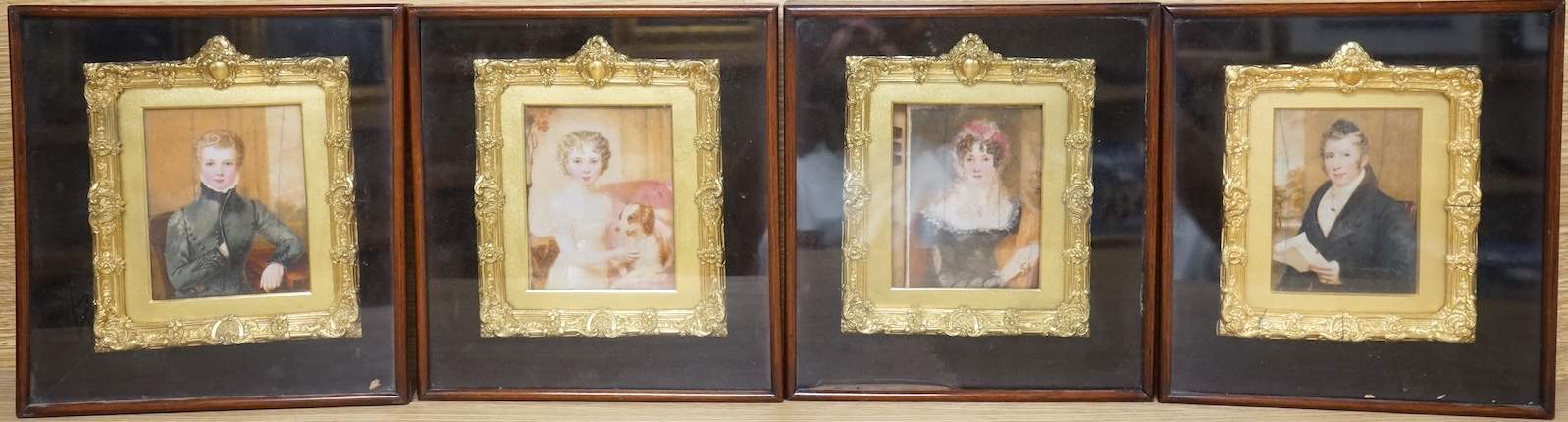 English School, 19th-century, a set of four family portrait miniatures on ivory, each separately gilt framed, each miniature 10 x 8cm CITES Submission reference HQ8QKRKP